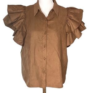 Marc New York Tan Ruffled Sleeve Button Down Shirt